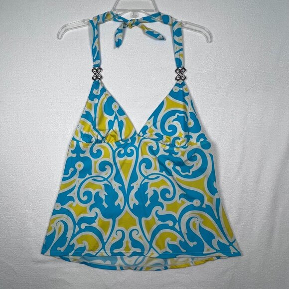 Jantzen Women's Size 14 Halter Swim Tankini Top Metal Accent Blue Yellow Floral - Picture 1 of 9